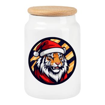 Tigre de Noël au chapeau de Père Noël - Boîte à biscuits avec couvercle en bois - blanc - Devant