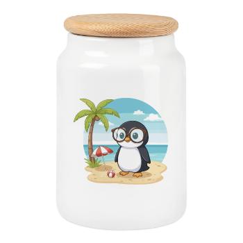Vacances d’été de Plage du Pingouin Mignon aux Lunettes - Boîte à biscuits avec couvercle en bois - blanc - Devant
