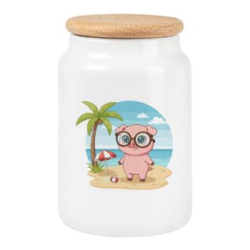 Cute Pig with Glasses Beach Summer Vacation - Cookie Jar with Wooden Lid - white - Front