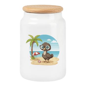 Mignon émeu avec des lunettes vacances d’été sur la plage - Boîte à biscuits avec couvercle en bois - blanc - Devant