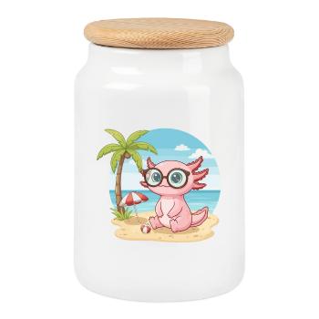 Cute Axolotl with Glasses Beach Summer Vacation - Cookie Jar with Wooden Lid - white - Front