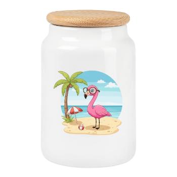 Vacances d’été sur la plage du flamant rose aux lunettes - Boîte à biscuits avec couvercle en bois - blanc - Devant