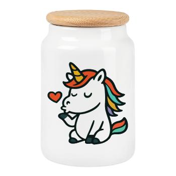Cute Unicorn Blowing Heart Kiss in Sweet Style - Cookie Jar with Wooden Lid - white - Front