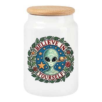 Crois en toi-même, cercle spatial extraterrestre - Boîte à biscuits avec couvercle en bois - blanc - Devant