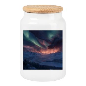 Epischer Drache Feuer Eis Aurora Fantasy Art - Cookie Jar with Wooden Lid - white - Front