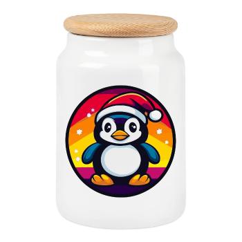 Pingouin avec un chapeau de Père Noël dans la roue chromatique - Boîte à biscuits avec couvercle en bois - blanc - Devant
