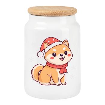 Shiba Noël Mignon avec chapeau et écharpe - Boîte à biscuits avec couvercle en bois - blanc - Devant