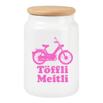Töffli Meitli – Moped Shirt for Girls & Moped Fans - Cookie Jar with Wooden Lid - white - Front
