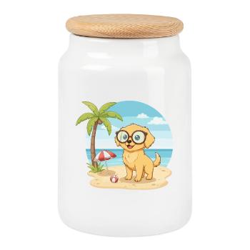 Cute Dog with Glasses Beach Summer Vacation - Cookie Jar with Wooden Lid - white - Front