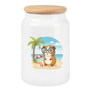 Mignonne cochon d’Inde avec des lunettes plage vacances d’été - Boîte à biscuits avec couvercle en bois - blanc - Devant