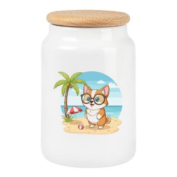Cute Corgi with Glasses Beach Summer Vacation - Cookie Jar with Wooden Lid - white - Front