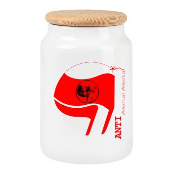 Antifascista Vertical Lettering & Flag (w-red) - Cookie Jar with Wooden Lid - white - Front