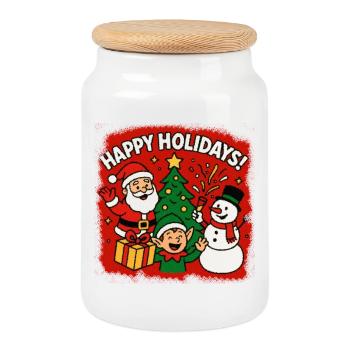 Happy Holidays Trio Christmas Scene - Cookie Jar with Wooden Lid - white - Front