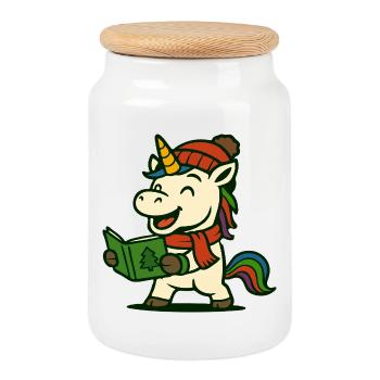 Einhorn-Lesung Weihnachts-Niedliche Weihnachtskunst - Keksdose mit Holzdeckel - Weiß - Vorne