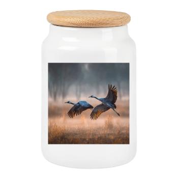 Grues Brume matinale Oiseaux migrateurs Lumière dorée - Boîte à biscuits avec couvercle en bois - blanc - Devant