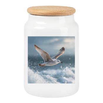 Mouette en vol Mer du Nord Art maritime - Boîte à biscuits avec couvercle en bois - blanc - Devant