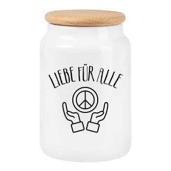 Liebe für alle, Frieden für alle, Peace, Love - Keksdose mit Holzdeckel - Weiß - Vorne
