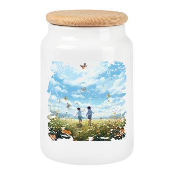 Carefree children's friends in butterfly flight - Cookie Jar with Wooden Lid - white - Front