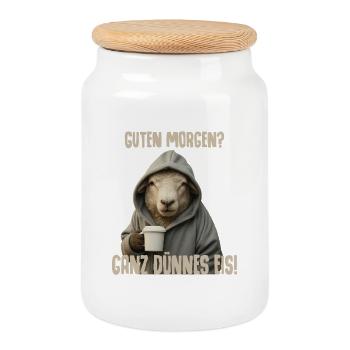 Morning Coffee with Sheep Pullover Hoodie - Cookie Jar with Wooden Lid - white - Front