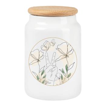 Paix - Main et Fleurs - Art au trait - paix - Boîte à biscuits avec couvercle en bois - blanc - Devant