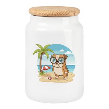 Bouledogue mignon avec des lunettes vacances d’été sur la plage - Boîte à biscuits avec couvercle en bois - blanc - Devant
