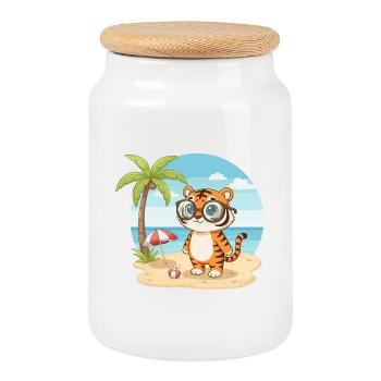 Tigre mignon avec des lunettes vacances d’été sur la plage - Boîte à biscuits avec couvercle en bois - blanc - Devant