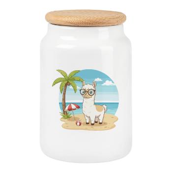 Cute Llama with Glasses Beach Summer Vacation - Cookie Jar with Wooden Lid - white - Front