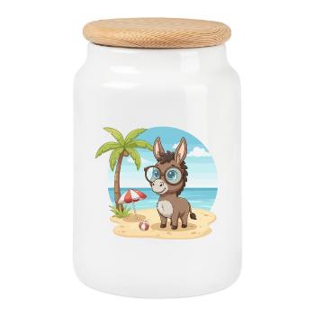 Cute Donkey with Glasses Beach Summer Vacation - Cookie Jar with Wooden Lid - white - Front