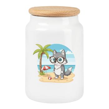 Vacances d’été sur la plage du Loup Mignon aux Lunettes - Boîte à biscuits avec couvercle en bois - blanc - Devant