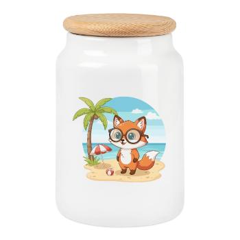 Vacances d’été de Plage du Renard Mignon avec des Lunettes - Boîte à biscuits avec couvercle en bois - blanc - Devant