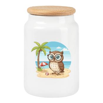 Chouette mignonne avec des lunettes vacances d’été sur la plage - Boîte à biscuits avec couvercle en bois - blanc - Devant