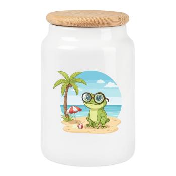 Cute Frog with Glasses Beach Summer Vacation - Cookie Jar with Wooden Lid - white - Front