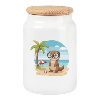 Loutre mignonne avec des lunettes vacances d’été sur la plage - Boîte à biscuits avec couvercle en bois - blanc - Devant