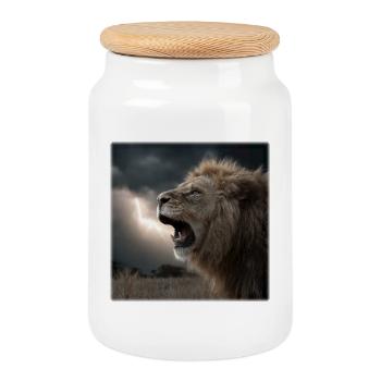 Roi Rugissant Dramatique - Lion dans la Tempête - Boîte à biscuits avec couvercle en bois - blanc - Devant