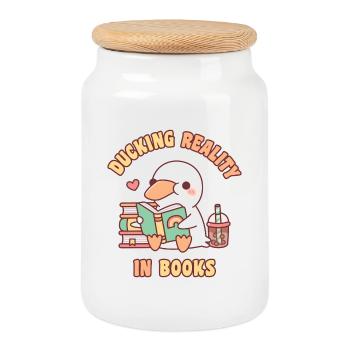 Un canard mignon qui se baisse dans la réalité dans les livres drôles - Boîte à biscuits avec couvercle en bois - blanc - Devant