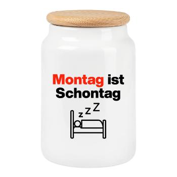 Monday is Rest Day – Stay in Bed, AU, Sick - Cookie Jar with Wooden Lid - white - Front