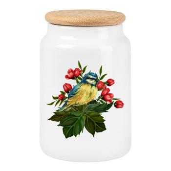 Colorful bird - Cookie Jar with Wooden Lid - white - Front