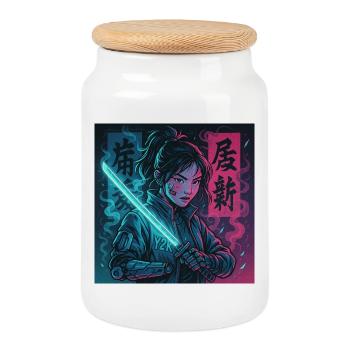 Cyber Samurai Girl Harajuku Y2K Anime Streetwear - Boîte à biscuits avec couvercle en bois - blanc - Devant