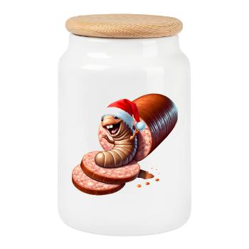 Caricature du Père Noël transformé en salami - Boîte à biscuits avec couvercle en bois - blanc - Devant