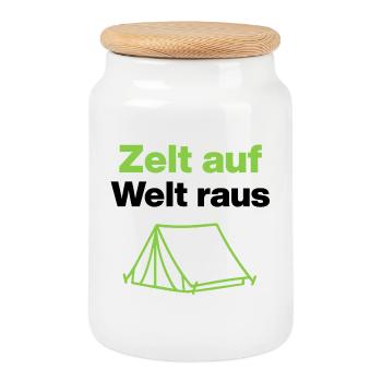 Zelt auf – Welt raus, für Outdoorfans und Camper - Keksdose mit Holzdeckel - Weiß - Vorne