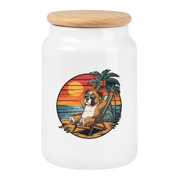 Lustiger Boxerhund am Strand, Sommerurlaub Sonnenuntergang - Keksdose mit Holzdeckel - Weiß - Vorne