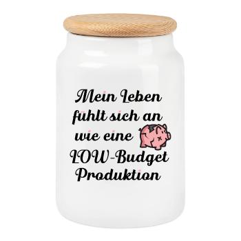 Low Budget Mood – Funny Broken Piggy Bank Cartoon - Cookie Jar with Wooden Lid - white - Front