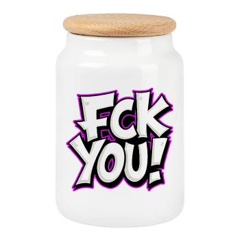 FCK YOU lettering provocative statement - Cookie Jar with Wooden Lid - white - Front