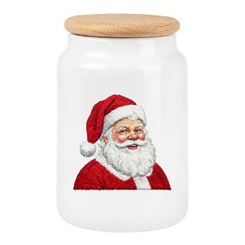 Embroidered Santa Claus – cheerful design (printed) - Cookie Jar with Wooden Lid - white - Front