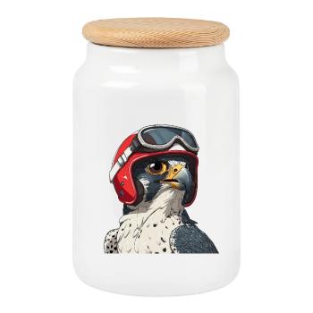 Falcon with Motorcycle Racing Helmet Vintage Bird of Prey - Cookie Jar with Wooden Lid - white - Front