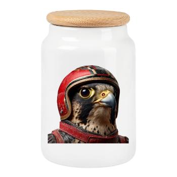 Falcon with Racing Helmet Vintage Motorcycle Bird of Prey - Cookie Jar with Wooden Lid - white - Front