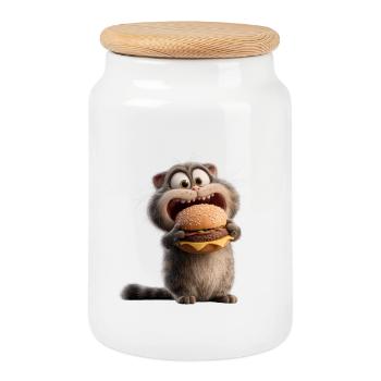 Chat avec un burger affamé Bol de nourriture drôle Animal - Boîte à biscuits avec couvercle en bois - blanc - Devant