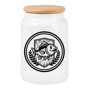 Angler Coat of Arms Fish Club Logo Vector - Cookie Jar with Wooden Lid - white - Front