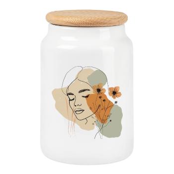 Boho Woman Line Art – Floral Minimalist Portrait - Keksdose mit Holzdeckel - Weiß - Vorne