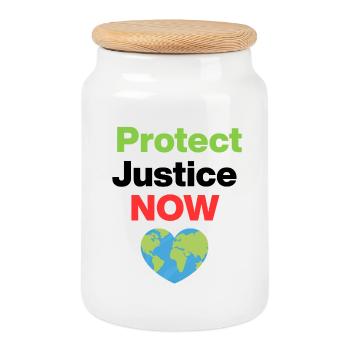 Protect Justice – Act Now, Ecological, Environmental - Cookie Jar with Wooden Lid - white - Front